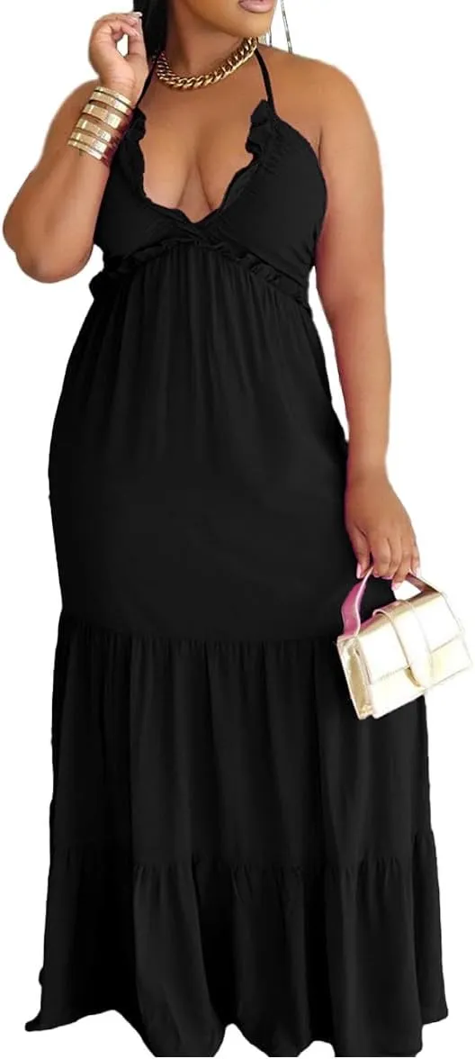 TOPSRANI Womens Sleeveless Maxi Dress Halter Casual Backless Smocked Tiered Ruffle Flowy Sexy Slip Sling Strap Dresses