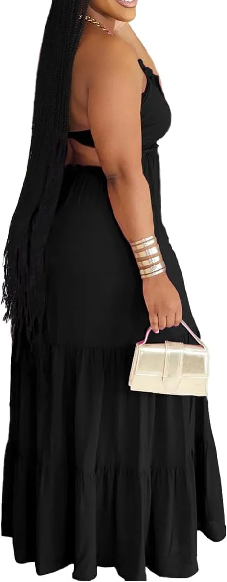 TOPSRANI Womens Sleeveless Maxi Dress Halter Casual Backless Smocked Tiered Ruffle Flowy Sexy Slip Sling Strap Dresses