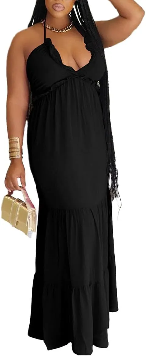 TOPSRANI Womens Sleeveless Maxi Dress Halter Casual Backless Smocked Tiered Ruffle Flowy Sexy Slip Sling Strap Dresses