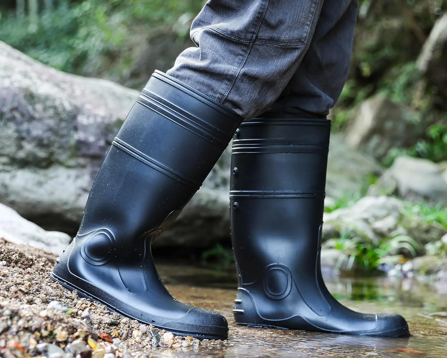 Ubon Men's Steel Toe Rain Boots PVC Waterproof Rubber Garden Mud Fishing Boots for Men Rainboots