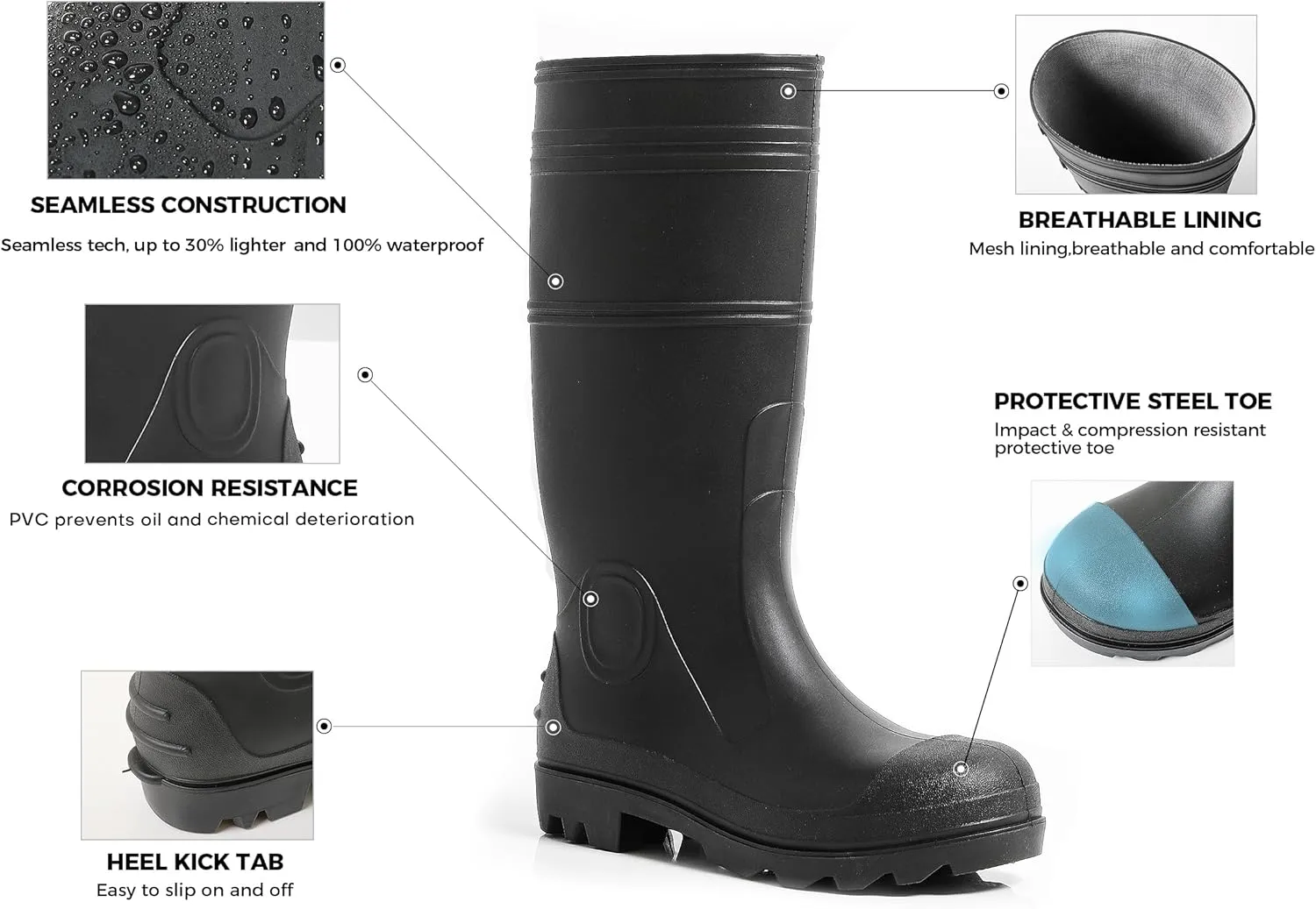 Ubon Men's Steel Toe Rain Boots PVC Waterproof Rubber Garden Mud Fishing Boots for Men Rainboots