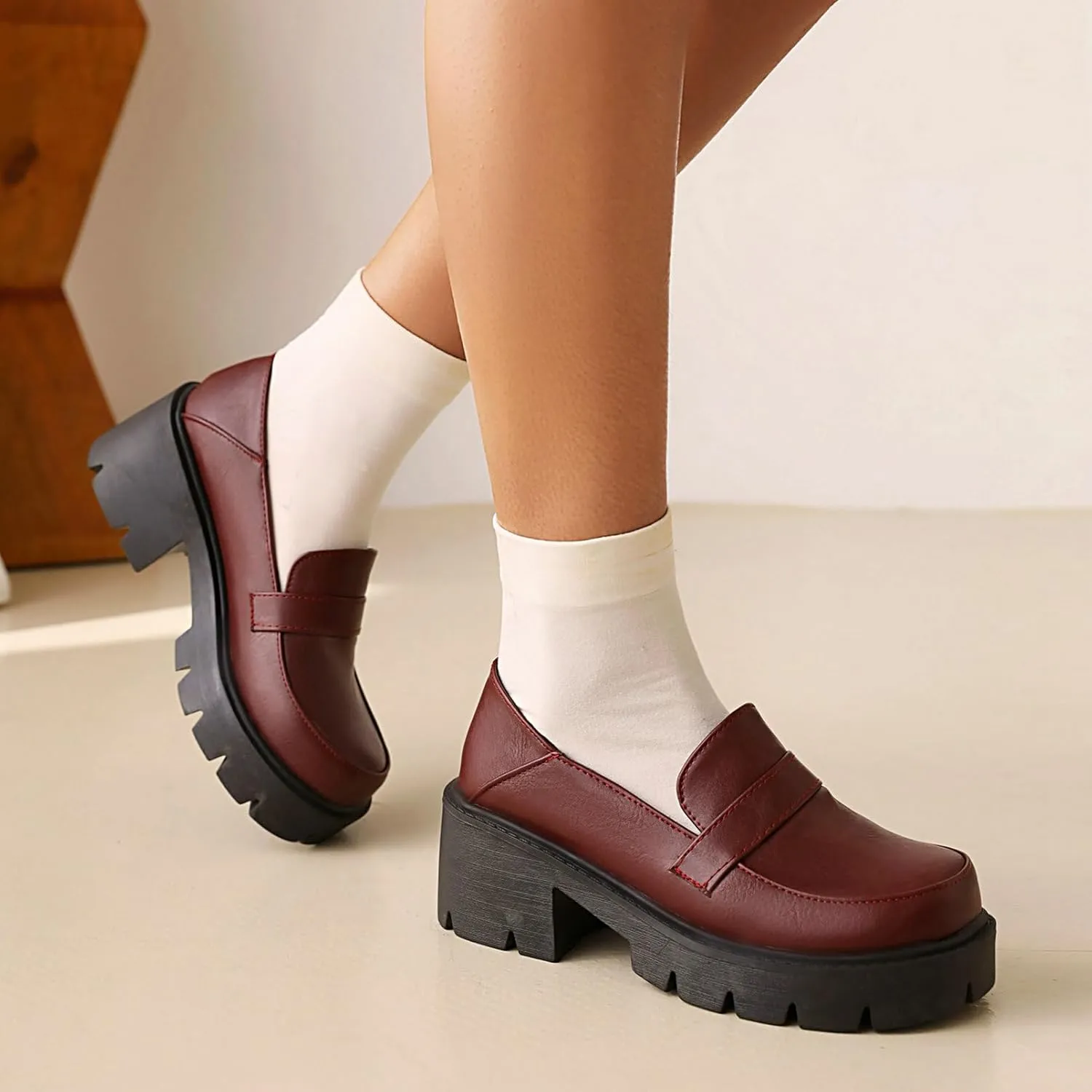 Uniquelly Platform Loafers for Women Chunky Loafers Round Toe Penny Loafers Lug Sole Mid Heel Slip On Comfort Fashion Business Work Shoes