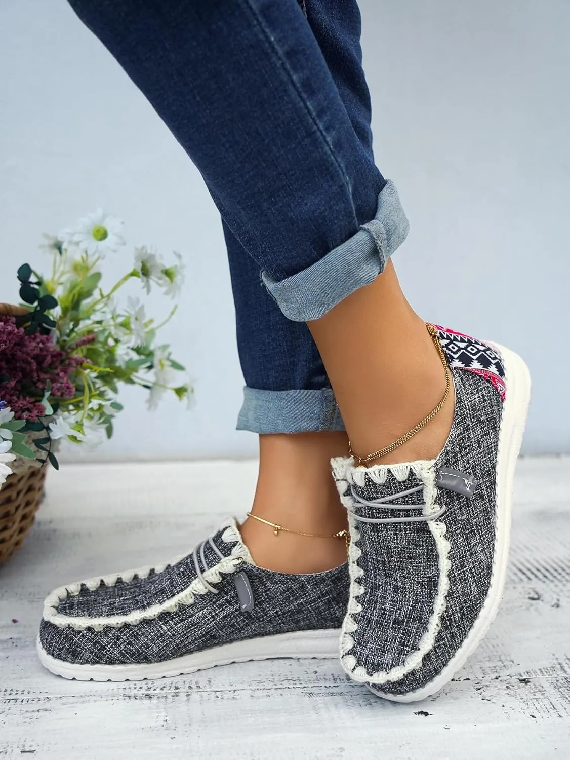 Unisex Canvas Loafers with Back Aztec Print Fabric Decor Elastic Lace-up Slip-on Sneakers Comfort Walking Boat Shoes Ultraight Breathable Sports Shoes for Women/Men Adult/Teenagers, Brown/Khaki/Black