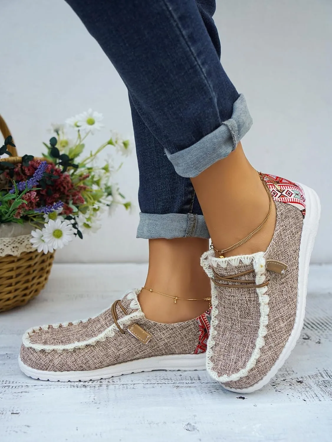 Unisex Canvas Loafers with Back Aztec Print Fabric Decor Elastic Lace-up Slip-on Sneakers Comfort Walking Boat Shoes Ultraight Breathable Sports Shoes for Women/Men Adult/Teenagers, Brown/Khaki/Black