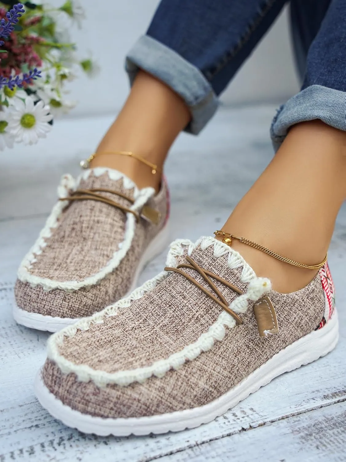 Unisex Canvas Loafers with Back Aztec Print Fabric Decor Elastic Lace-up Slip-on Sneakers Comfort Walking Boat Shoes Ultraight Breathable Sports Shoes for Women/Men Adult/Teenagers, Brown/Khaki/Black
