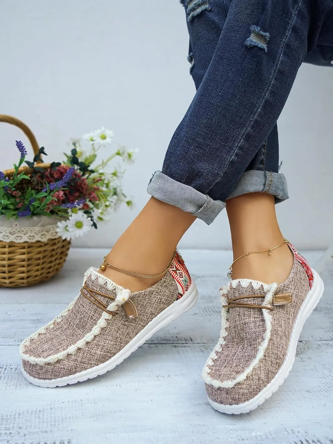 Unisex Canvas Loafers with Back Aztec Print Fabric Decor Elastic Lace-up Slip-on Sneakers Comfort Walking Boat Shoes Ultraight Breathable Sports Shoes for Women/Men Adult/Teenagers, Brown/Khaki/Black