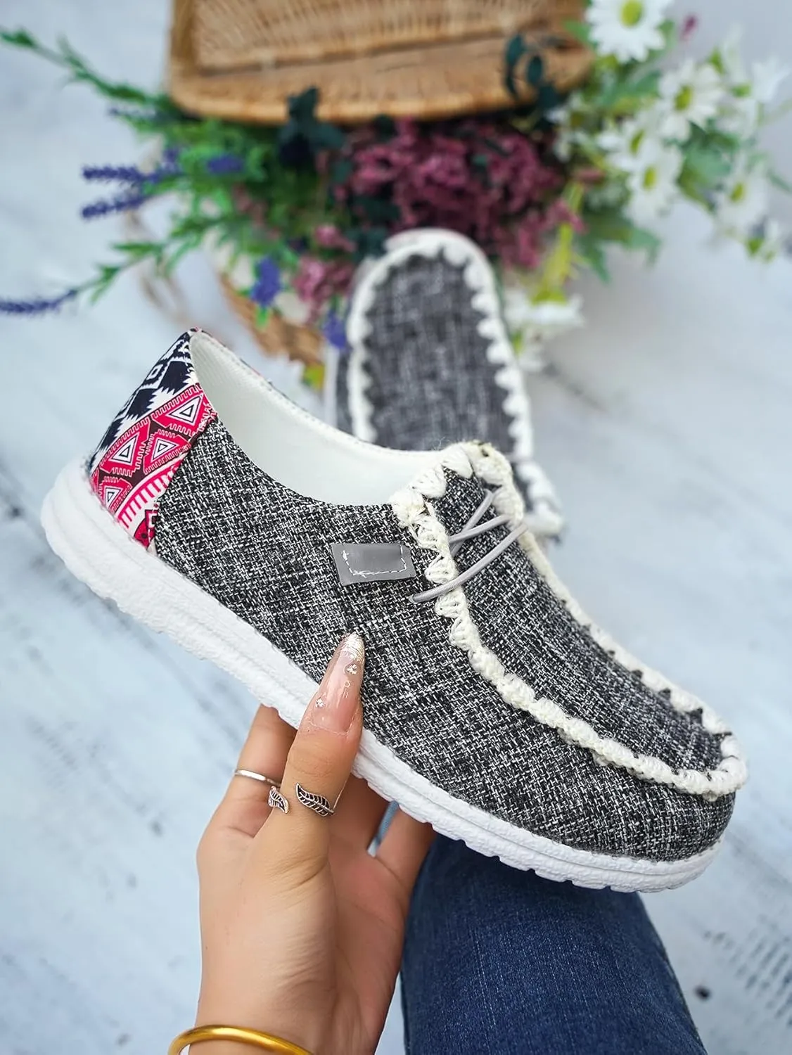 Unisex Canvas Loafers with Back Aztec Print Fabric Decor Elastic Lace-up Slip-on Sneakers Comfort Walking Boat Shoes Ultraight Breathable Sports Shoes for Women/Men Adult/Teenagers, Brown/Khaki/Black
