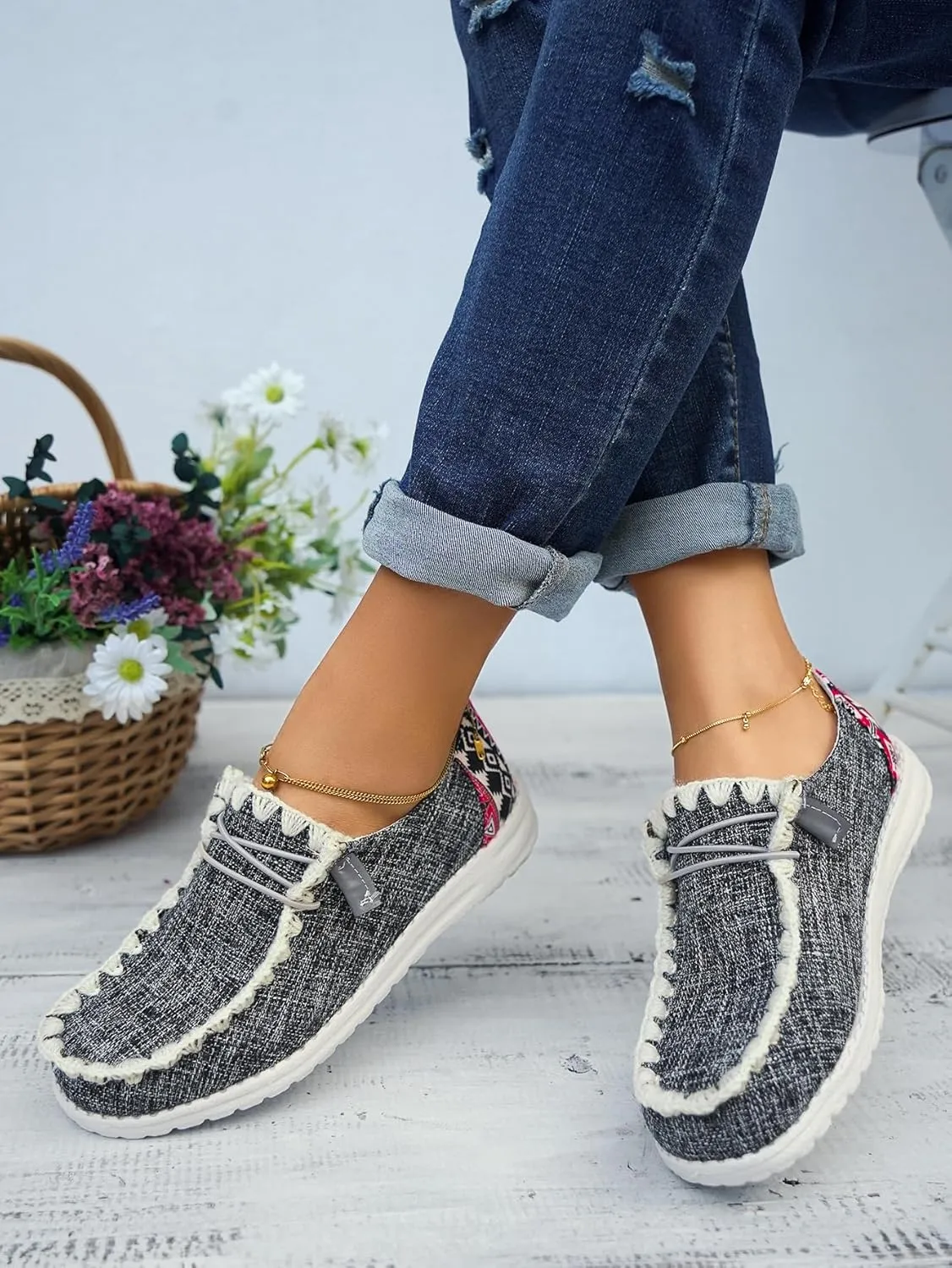 Unisex Canvas Loafers with Back Aztec Print Fabric Decor Elastic Lace-up Slip-on Sneakers Comfort Walking Boat Shoes Ultraight Breathable Sports Shoes for Women/Men Adult/Teenagers, Brown/Khaki/Black