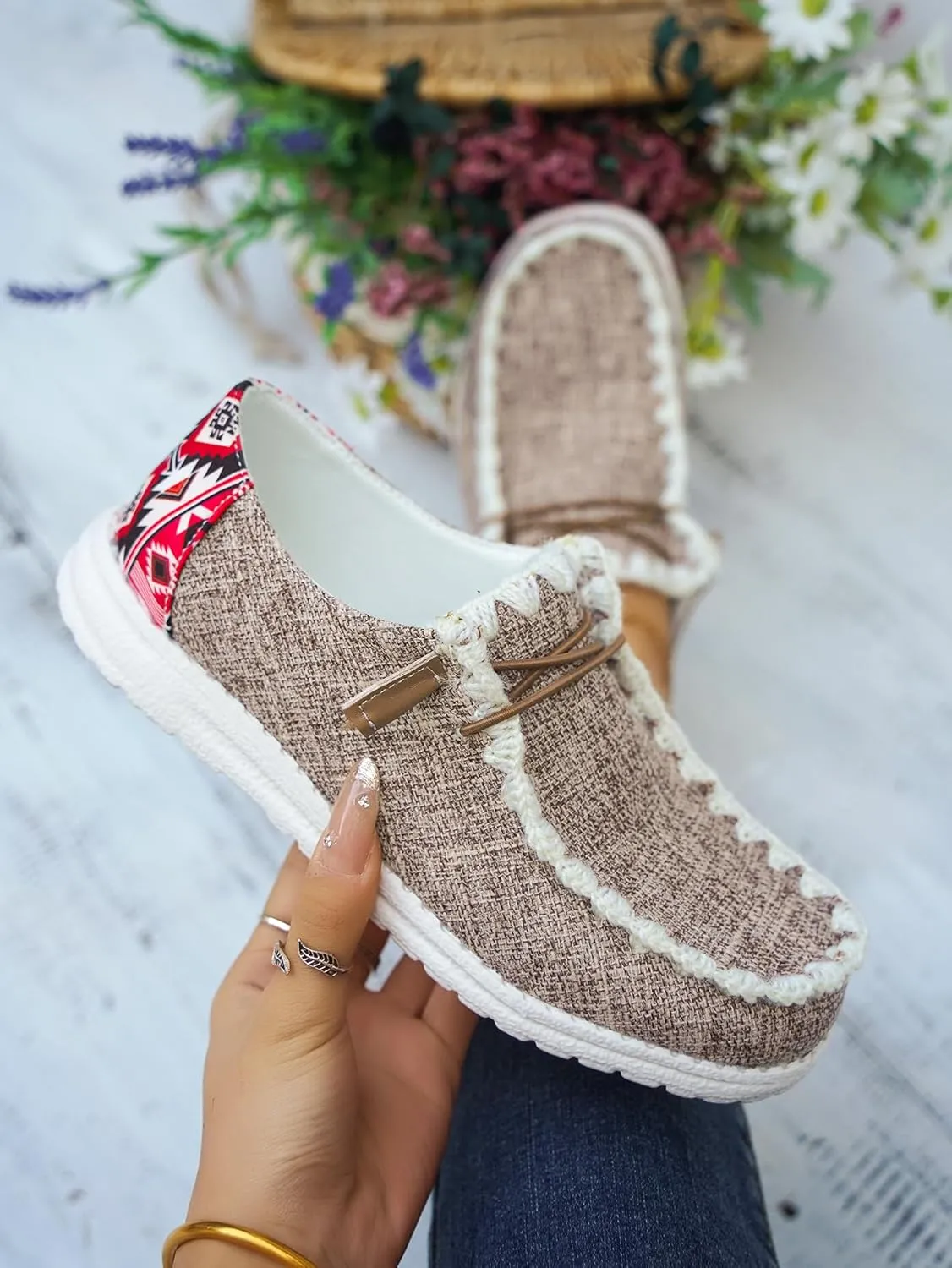 Unisex Canvas Loafers with Back Aztec Print Fabric Decor Elastic Lace-up Slip-on Sneakers Comfort Walking Boat Shoes Ultraight Breathable Sports Shoes for Women/Men Adult/Teenagers, Brown/Khaki/Black