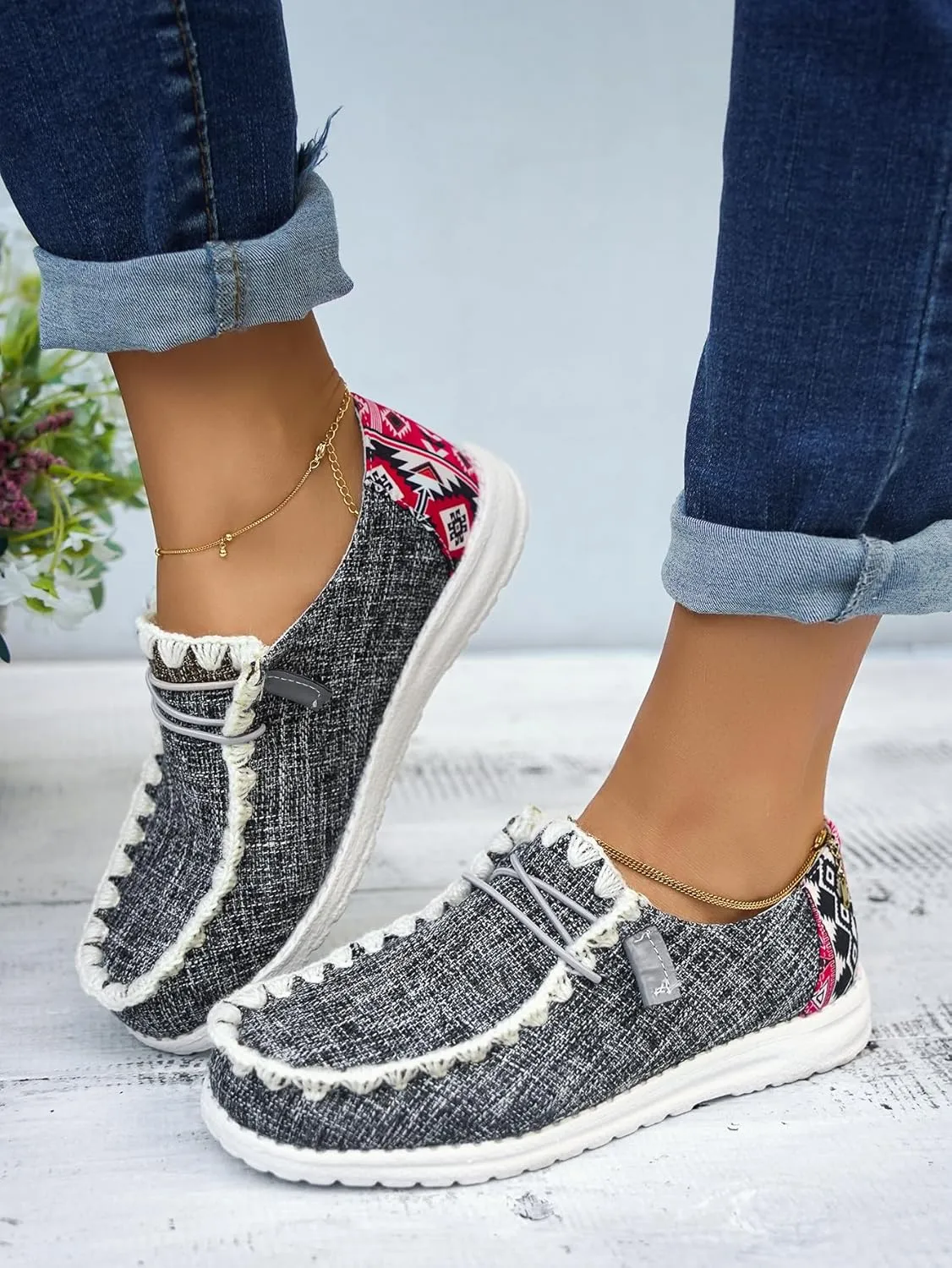 Unisex Canvas Loafers with Back Aztec Print Fabric Decor Elastic Lace-up Slip-on Sneakers Comfort Walking Boat Shoes Ultraight Breathable Sports Shoes for Women/Men Adult/Teenagers, Brown/Khaki/Black