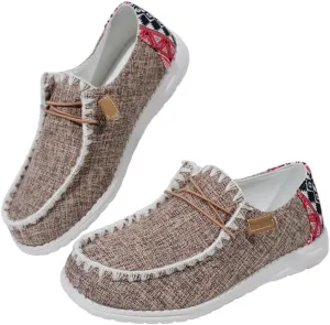 Unisex Canvas Loafers with Back Aztec Print Fabric Decor Elastic Lace-up Slip-on Sneakers Comfort Walking Boat Shoes Ultraight Breathable Sports Shoes for Women/Men Adult/Teenagers, Brown/Khaki/Black