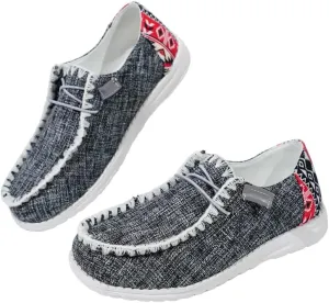 Unisex Canvas Loafers with Back Aztec Print Fabric Decor Elastic Lace-up Slip-on Sneakers Comfort Walking Boat Shoes Ultraight Breathable Sports Shoes for Women/Men Adult/Teenagers, Brown/Khaki/Black