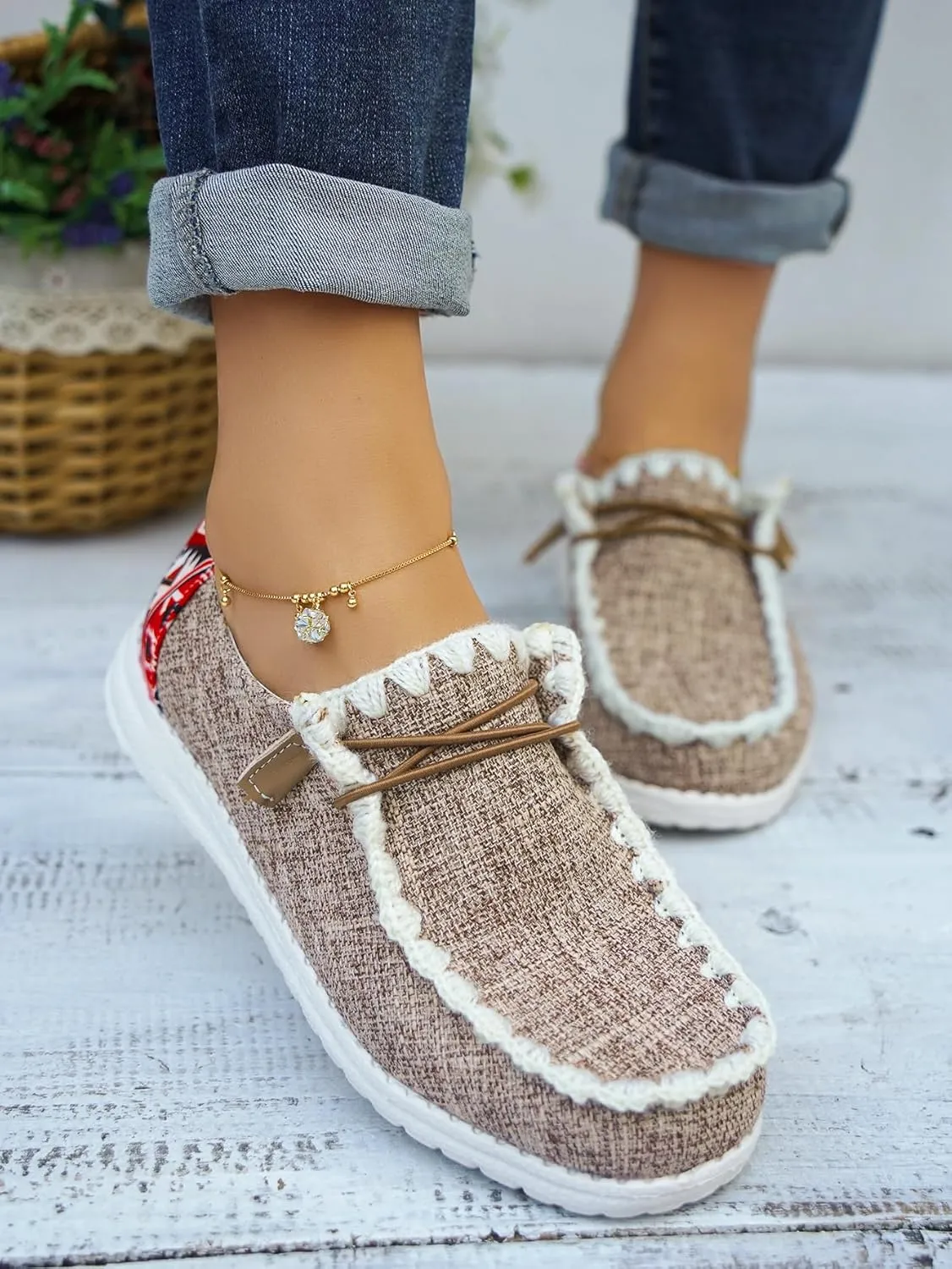 Unisex Canvas Loafers with Back Aztec Print Fabric Decor Elastic Lace-up Slip-on Sneakers Comfort Walking Boat Shoes Ultraight Breathable Sports Shoes for Women/Men Adult/Teenagers, Brown/Khaki/Black