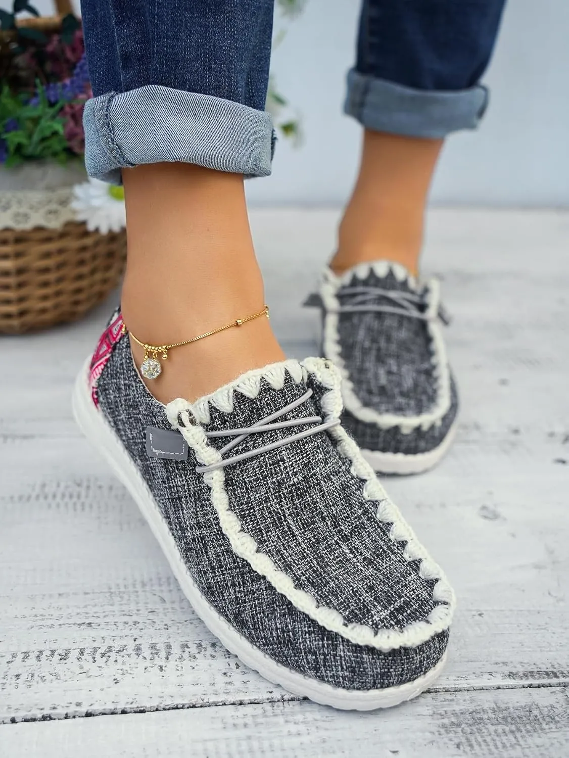 Unisex Canvas Loafers with Back Aztec Print Fabric Decor Elastic Lace-up Slip-on Sneakers Comfort Walking Boat Shoes Ultraight Breathable Sports Shoes for Women/Men Adult/Teenagers, Brown/Khaki/Black