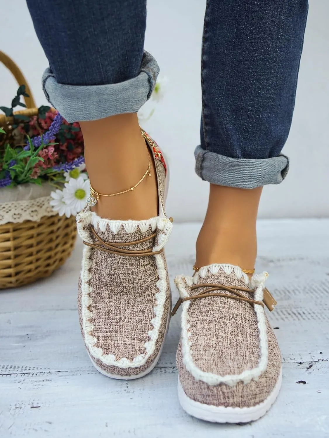 Unisex Canvas Loafers with Back Aztec Print Fabric Decor Elastic Lace-up Slip-on Sneakers Comfort Walking Boat Shoes Ultraight Breathable Sports Shoes for Women/Men Adult/Teenagers, Brown/Khaki/Black