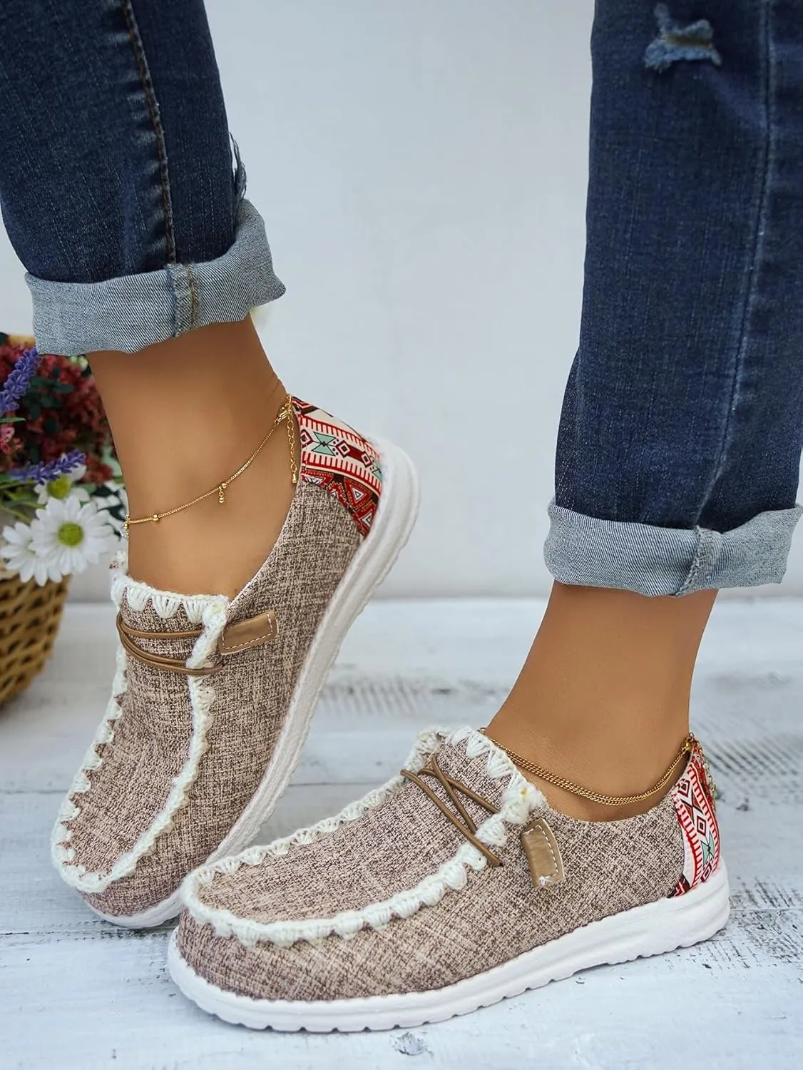 Unisex Canvas Loafers with Back Aztec Print Fabric Decor Elastic Lace-up Slip-on Sneakers Comfort Walking Boat Shoes Ultraight Breathable Sports Shoes for Women/Men Adult/Teenagers, Brown/Khaki/Black