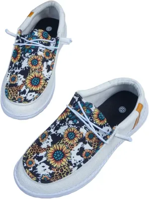 Unisex Chic Sunflower Pattern Upper Canvas Loafers Elastic Lace-up Closure Slip-on Sneakers Comfort Walking Boat Shoes Lightweight Breathable Sports Shoes for Women/Men Adults/Teenagers, White/Black