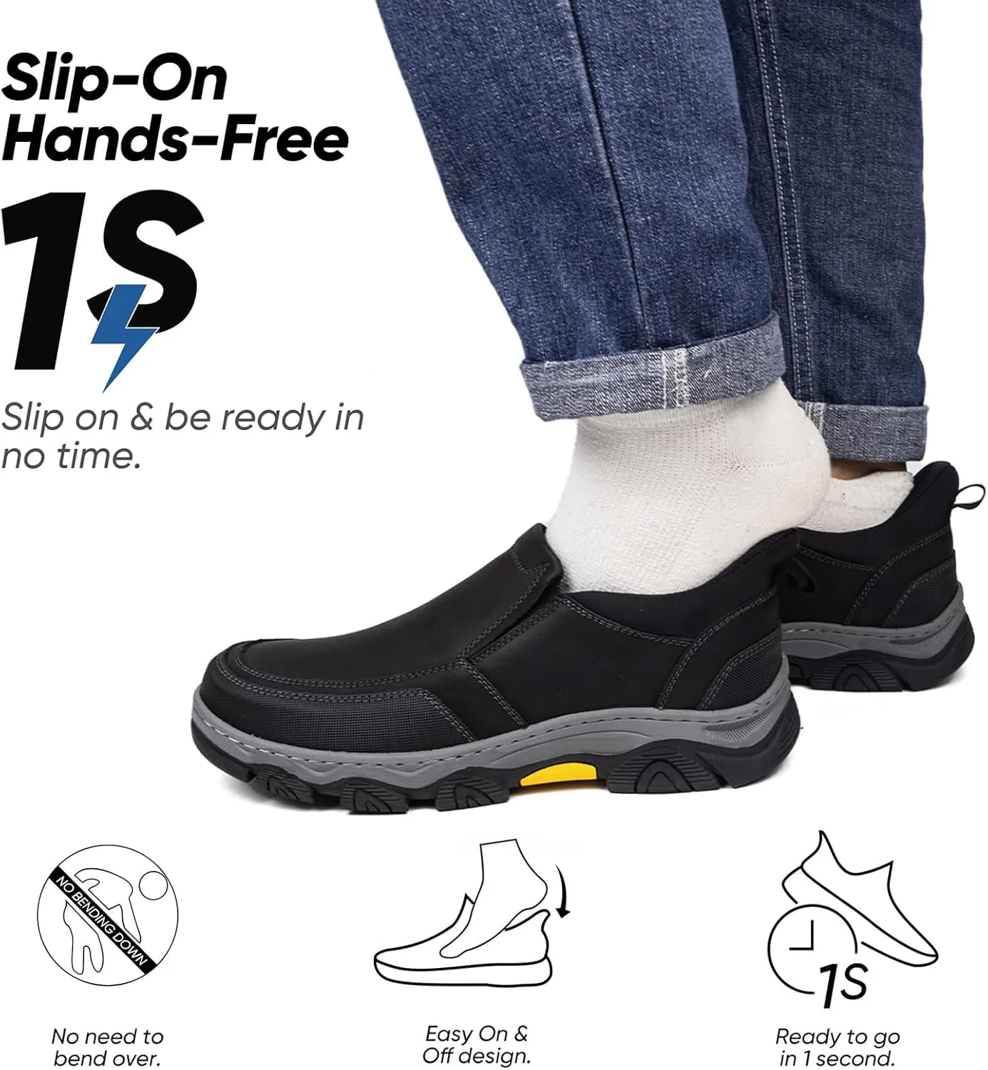 UPIShi Men's Slip On Hands Free Waterproof Work Loafers Leather Walking Slip-Ins Casual Outdoor Office Business Cushioning Shoes