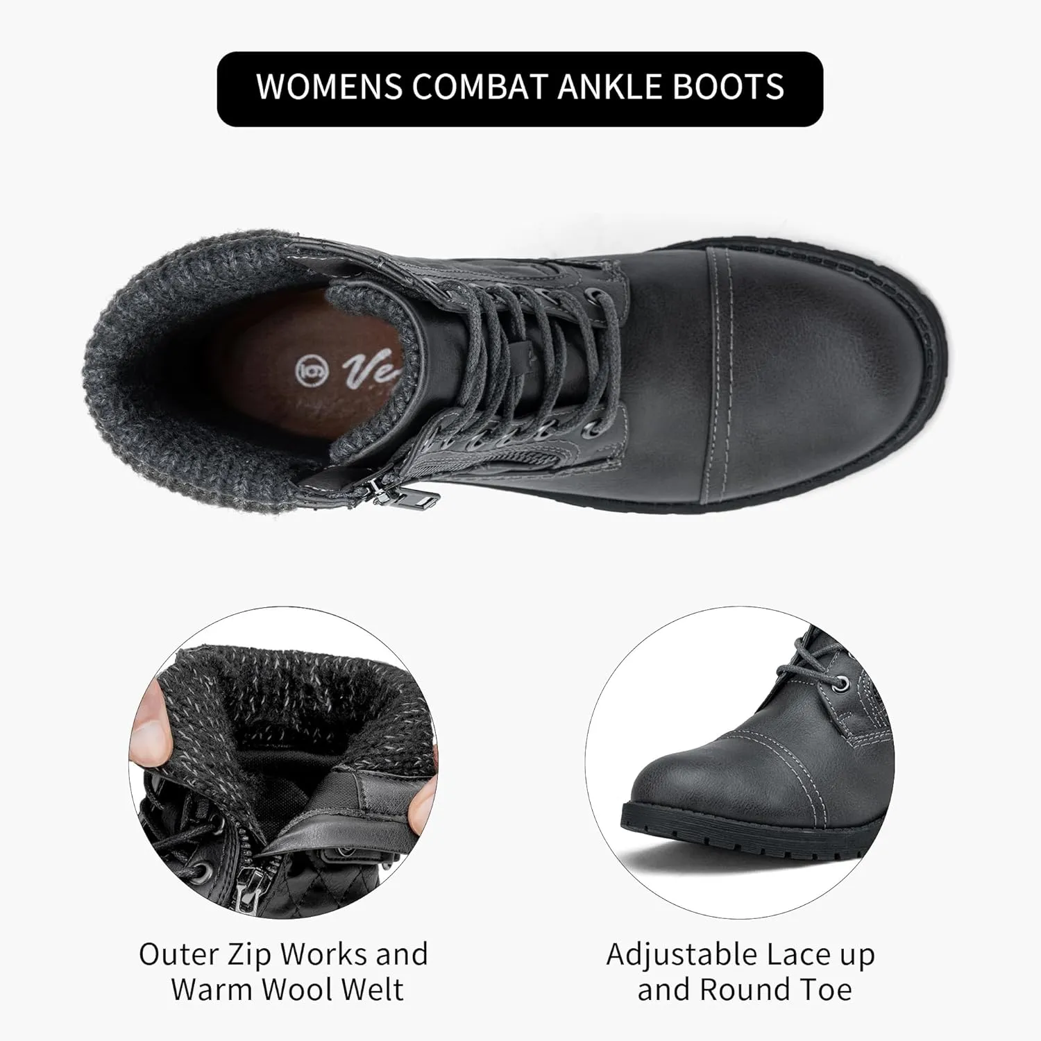 Vepose Women's Combat Ankle Boots, Lace up Comfortable Booties Low Heel