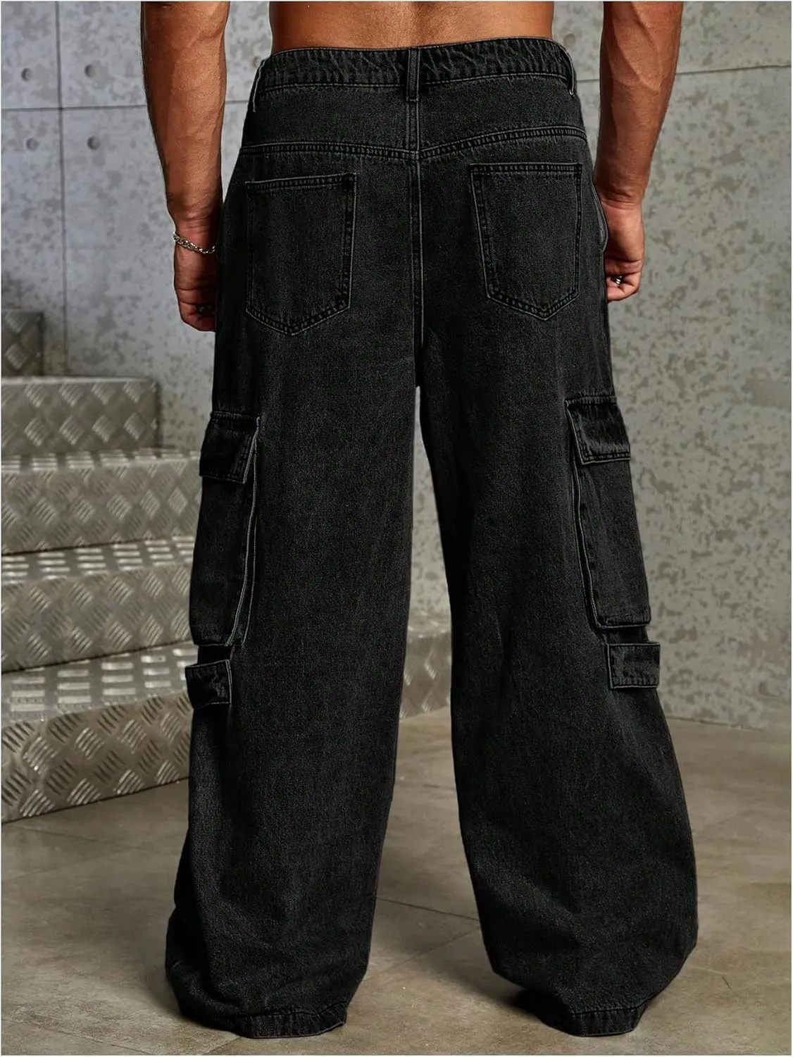 Verdusa Men's Loose Cargo Jeans Wide Leg Streetwear Baggy Pants with Pockets