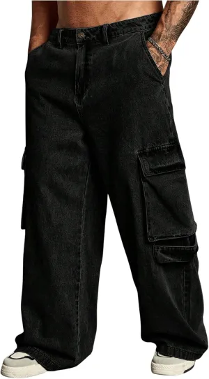 Verdusa Men's Loose Cargo Jeans Wide Leg Streetwear Baggy Pants with Pockets