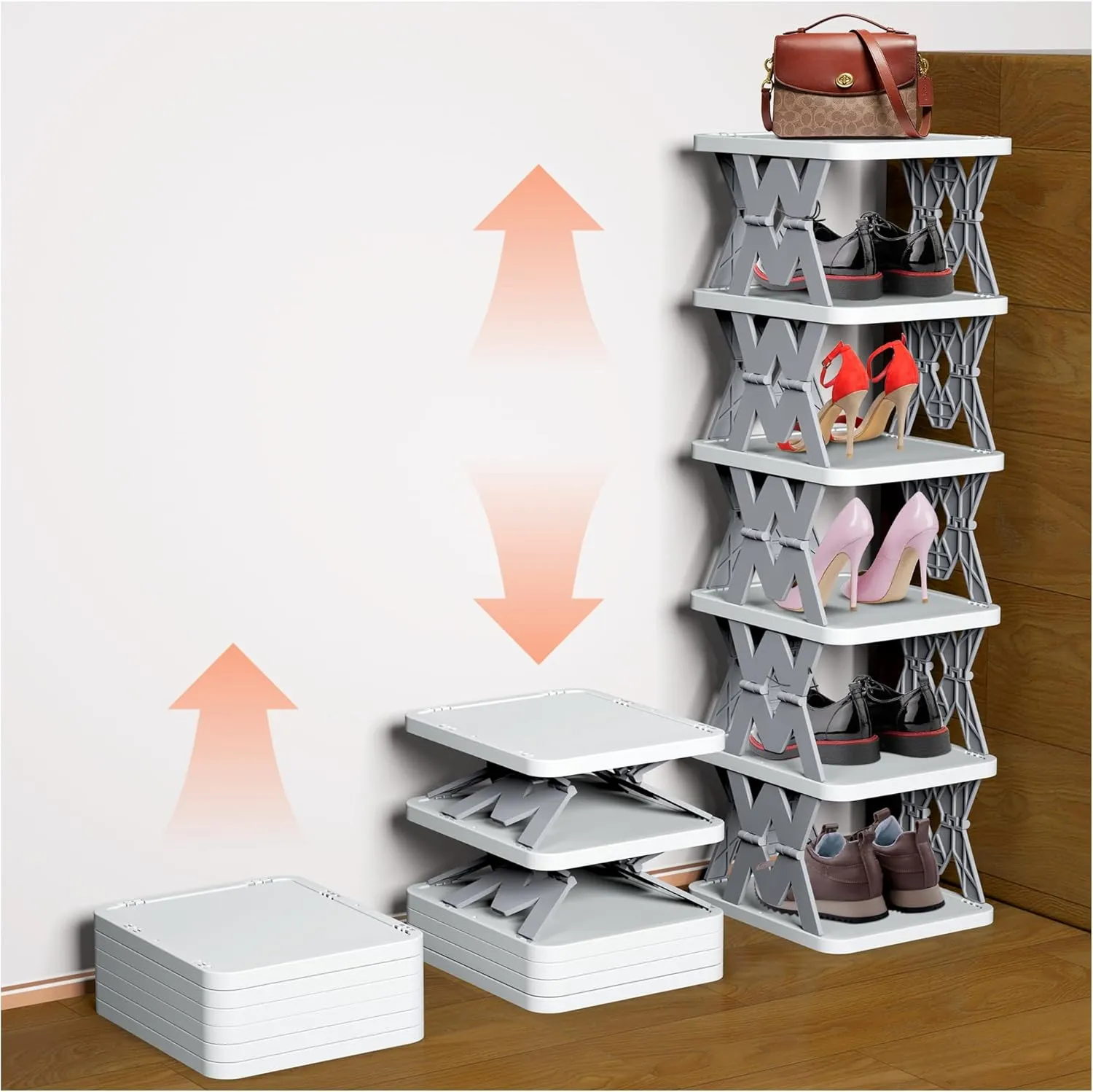 Vertical Small Shoe Rack, 6 Tier Tall Shoe Organizer Without Assembly, Narrow Shoe Storage for Small Spaces, Front Door Entrance, Entryway, Bedroom, White