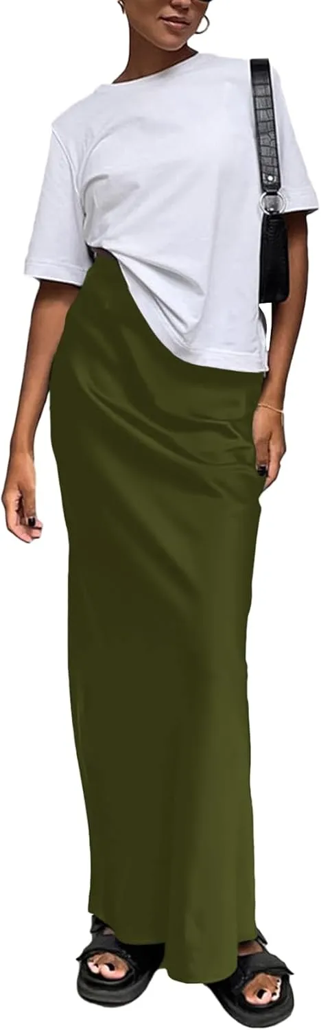 Vrtige Women's Elegant Satin Silky High Waist Zipper Flowy A Line Maxi Long Skirt