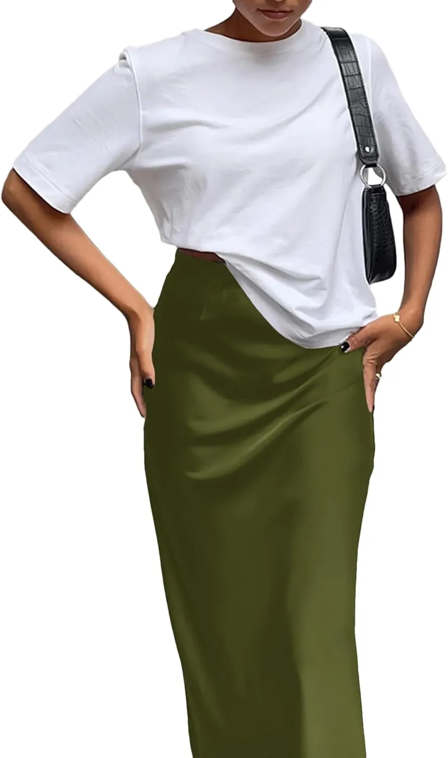Vrtige Women's Elegant Satin Silky High Waist Zipper Flowy A Line Maxi Long Skirt