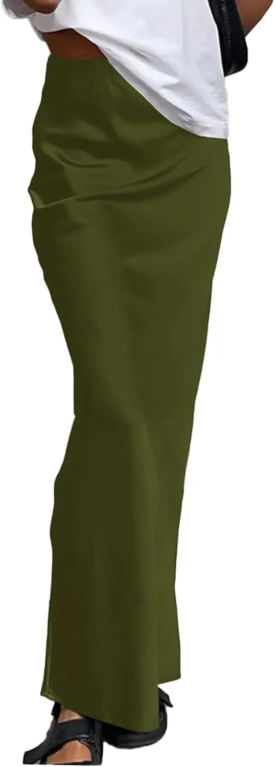 Vrtige Women's Elegant Satin Silky High Waist Zipper Flowy A Line Maxi Long Skirt