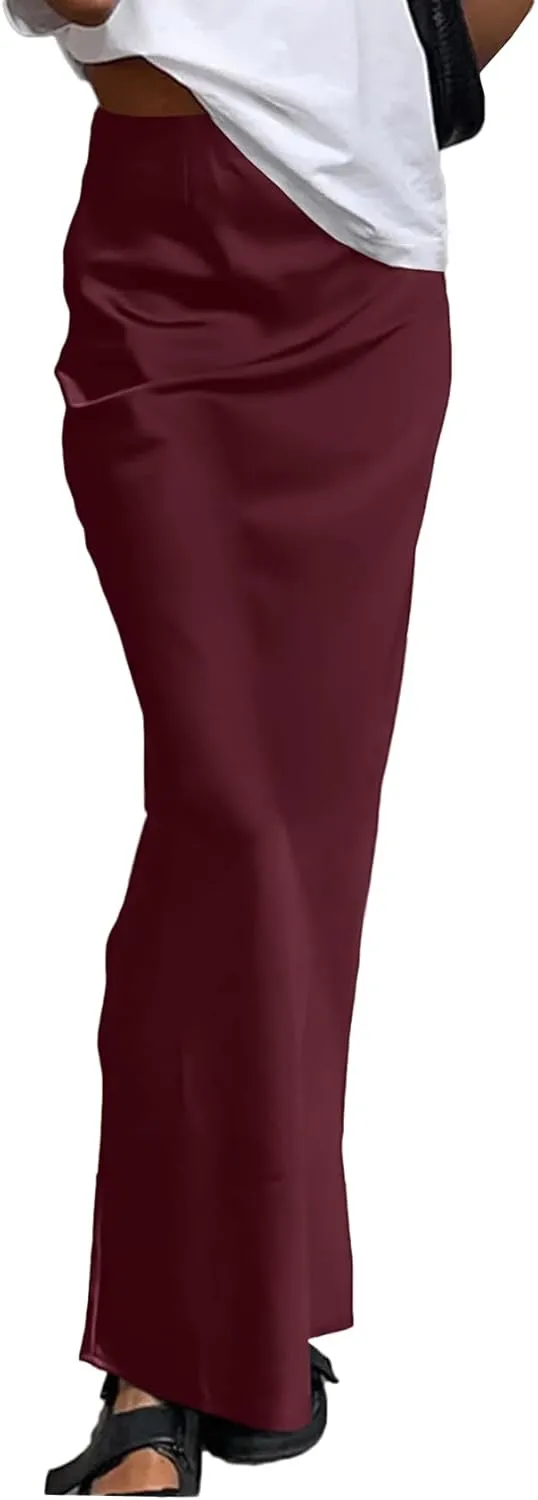 Vrtige Women's Elegant Satin Silky High Waist Zipper Flowy A Line Maxi Long Skirt