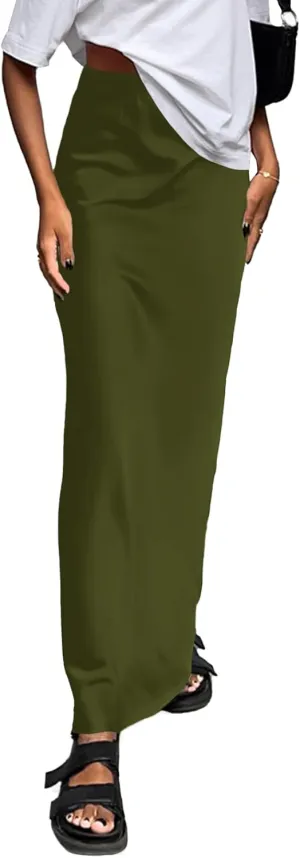 Vrtige Women's Elegant Satin Silky High Waist Zipper Flowy A Line Maxi Long Skirt