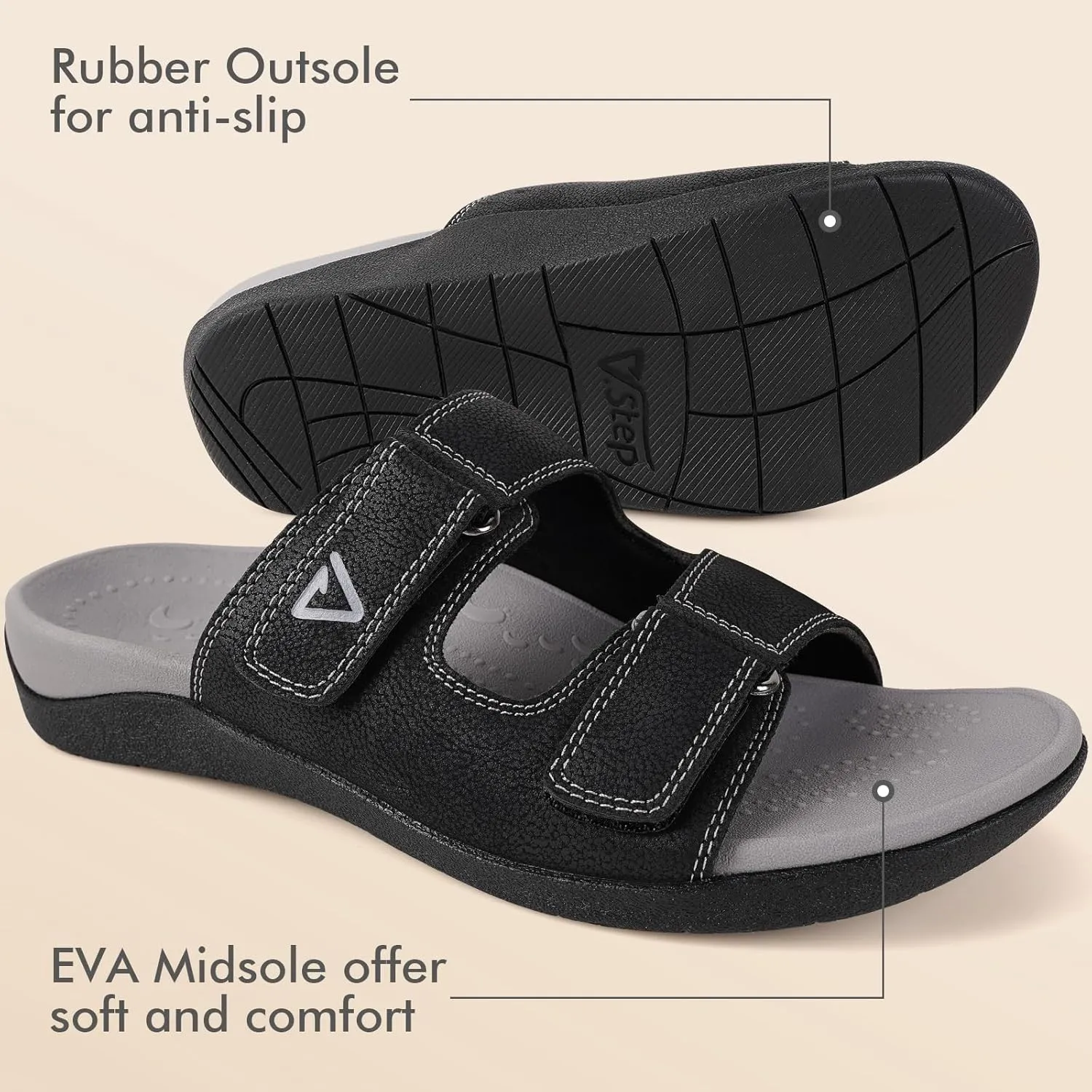 V.Step Orthopedic Slides with Arch Support for Women Men, Adjustable Orthotic Sandals for Plantar Fasciitis Pain Relief Indoor Outdoor Black W10/M9