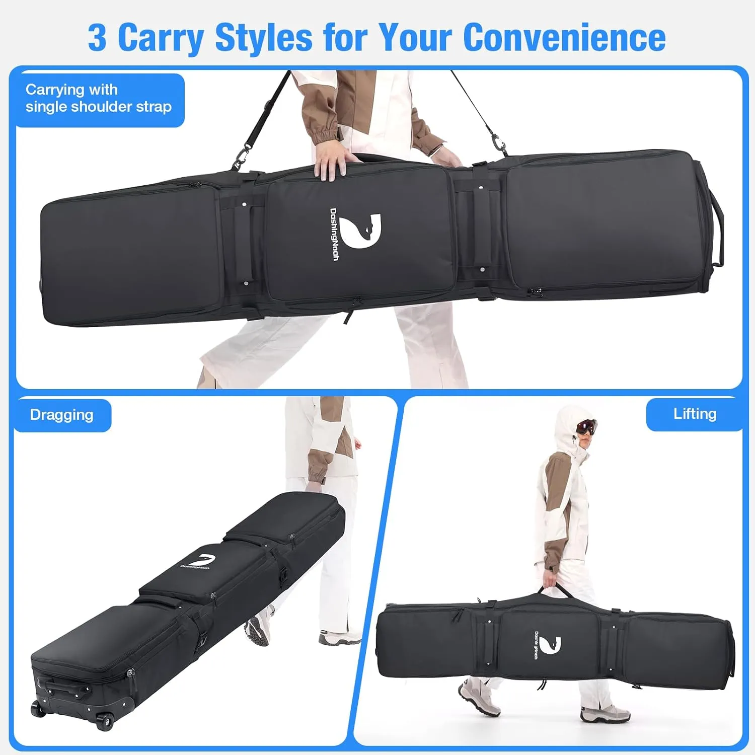 Waterproof Ski Bag with Wheels, Double Rolling Snowboard Bag for Air Travel Extendable From 155CM-187CM, with 3 Padded Outside Compartment Storage Helmet, Boots, Goggles, Jackets