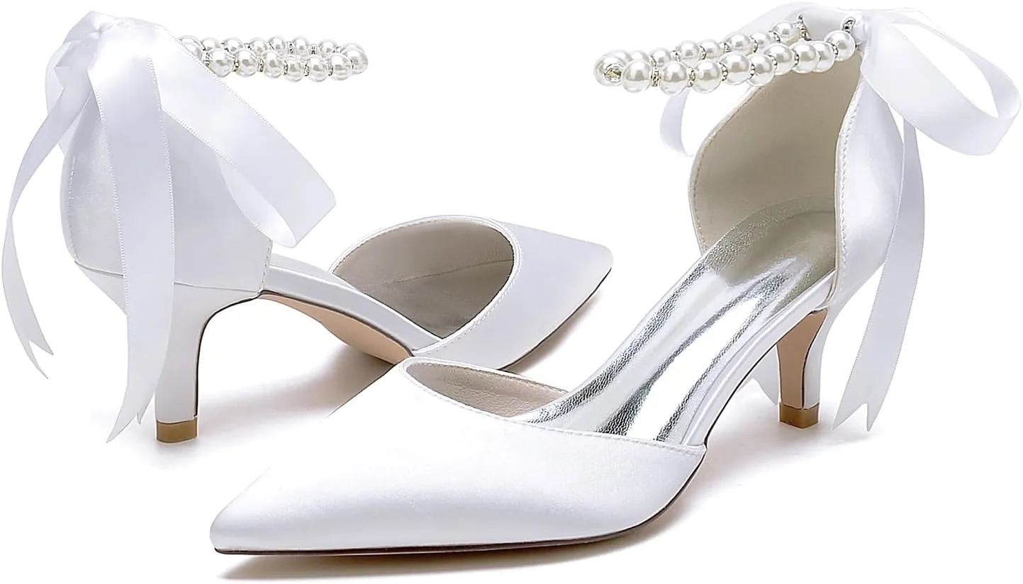 Wedding Shoes for Bride mid Kitten Heel Comfy Closed Pointed Toe High Heels for Women Heeled Pumps Sandals Bridesmaids