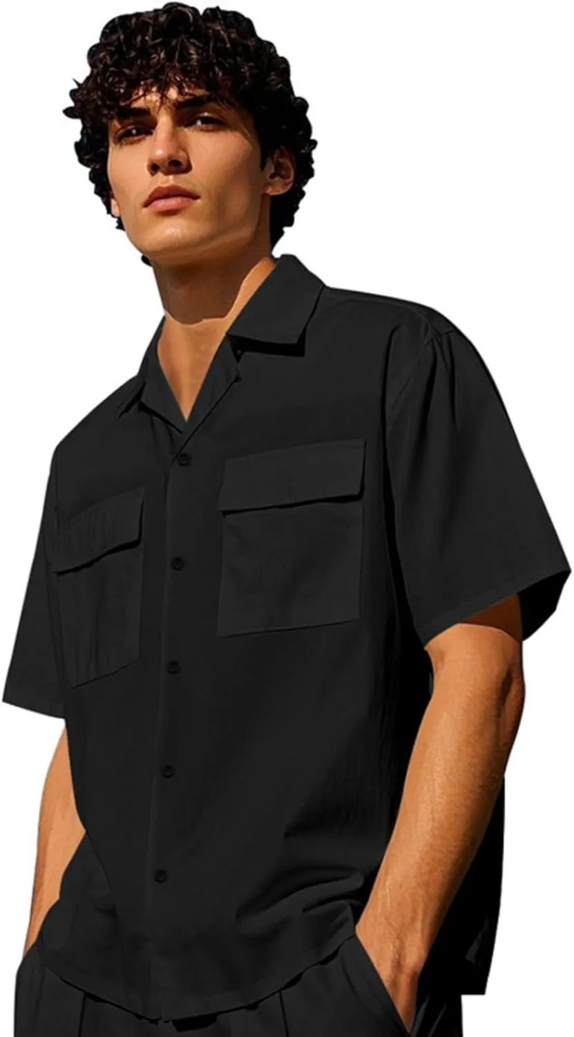 WENKOMG1 Mens Track Suits 2 Piece Lightweight Breathable Loose Fit Button Down Shirt and Shorts with Multi Pockets