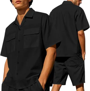 WENKOMG1 Mens Track Suits 2 Piece Lightweight Breathable Loose Fit Button Down Shirt and Shorts with Multi Pockets
