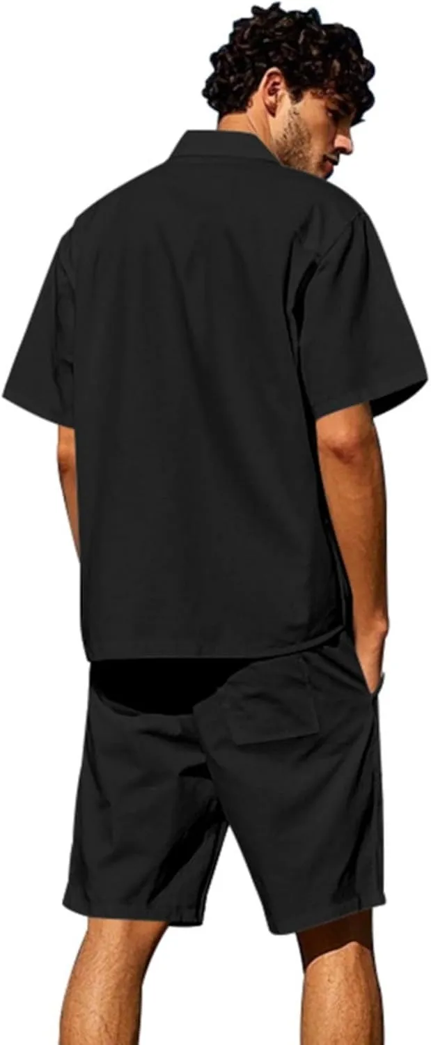 WENKOMG1 Mens Track Suits 2 Piece Lightweight Breathable Loose Fit Button Down Shirt and Shorts with Multi Pockets
