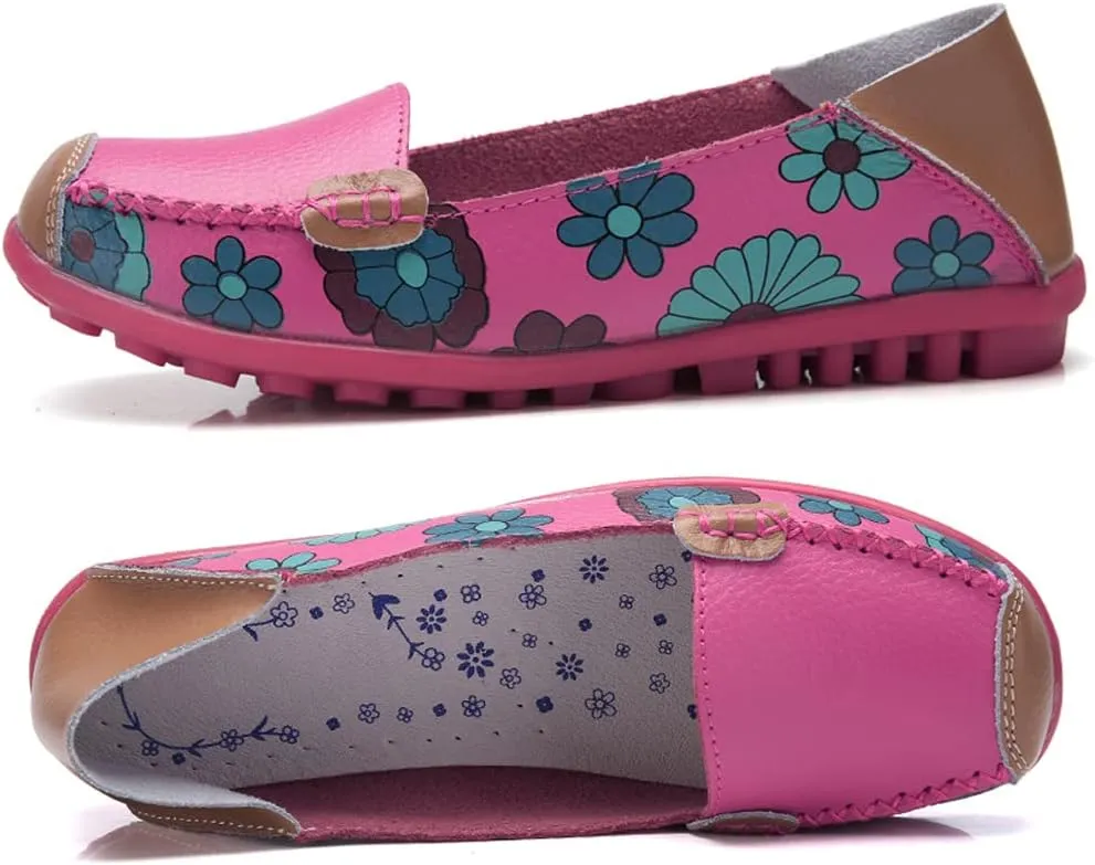 WERWAES Casual Womens Loafers Shoes Cute Floral Print Round Toe Leather Non-Slip Loafers for Women Comfort Outdoor Traveling Walking Flats Shoes