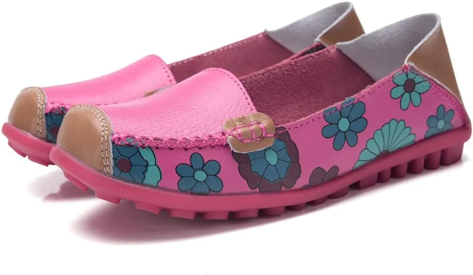 WERWAES Casual Womens Loafers Shoes Cute Floral Print Round Toe Leather Non-Slip Loafers for Women Comfort Outdoor Traveling Walking Flats Shoes