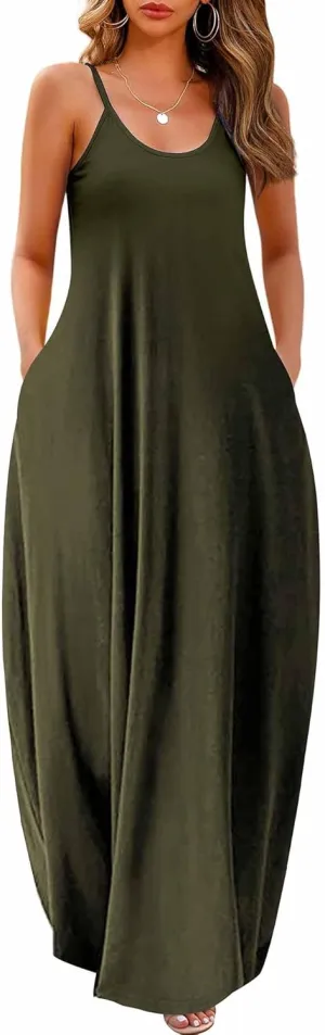 Wolddress Womens 2025 Casual Sleeveless Sundress Plus Size Loose Plain Long Summer Beach Maxi Dress with Pockets S-5X