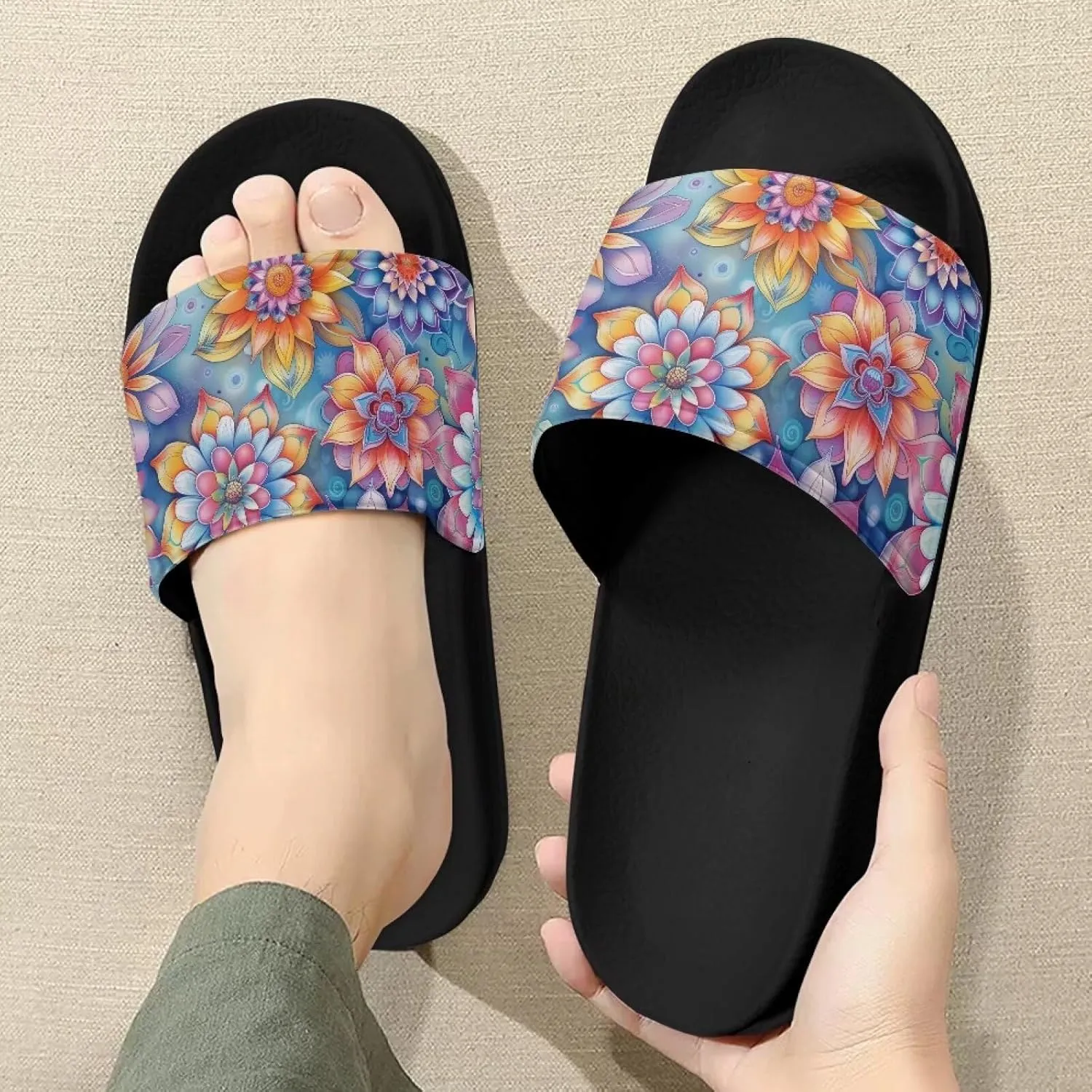 Women Beach Slippers Open Toe Non Slip Sandals Lightweight Quick Drying Flat Sandals Soft Sole Bathroom Shoes