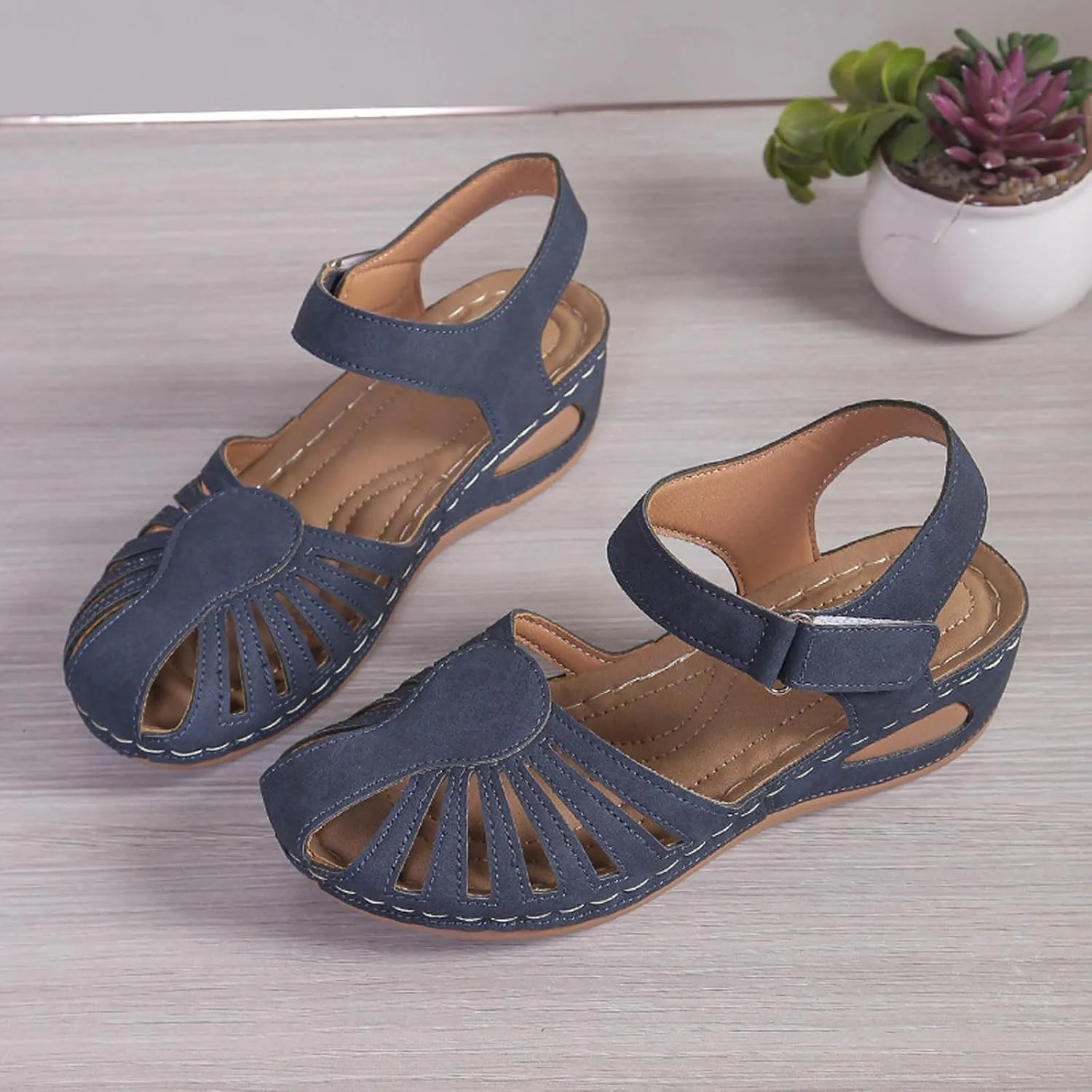 Women Close Toe Walking Sandals Dress Summer Wedges Heels for Women Ankle Strap Orthopedic Sandals Hollow Beach Shoes