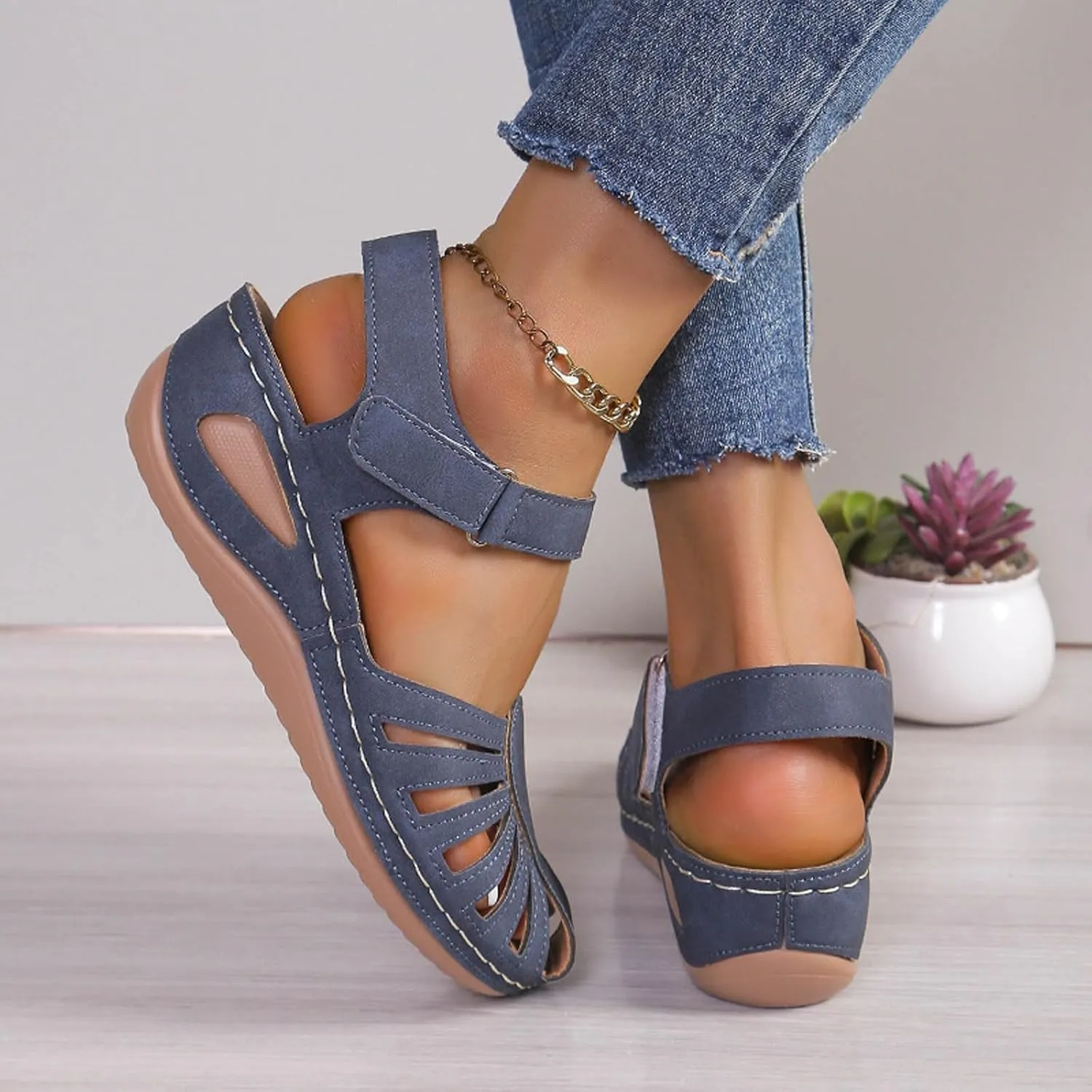 Women Close Toe Walking Sandals Dress Summer Wedges Heels for Women Ankle Strap Orthopedic Sandals Hollow Beach Shoes