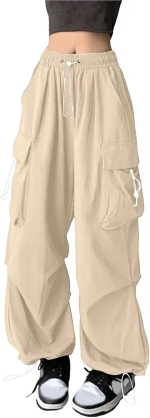 Women Elastic Waist Baggy Cargo Pants Parachute Drawstring Wide Leg Long Pant Unisex Trendy Y2K Pants Hiking Trousers