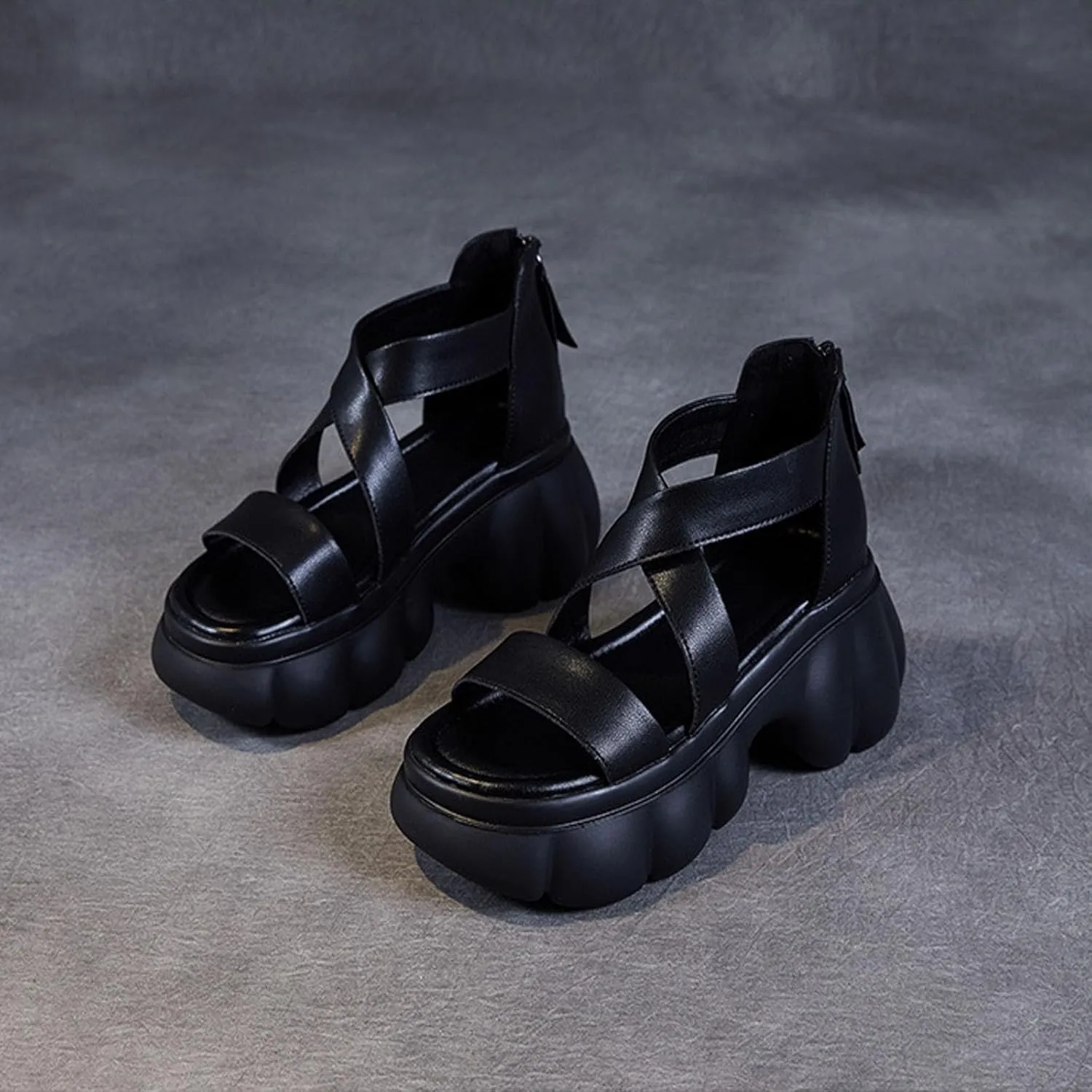 Women Genuine Leather Fish Mouth Slingback Platform Sandals Fashion Back Zipper Soft Sole Non-Slip Roman Boot Sandals Comfortable Lightweight Backless Causal Beach Walking Sandals