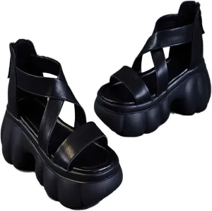 Women Genuine Leather Fish Mouth Slingback Platform Sandals Fashion Back Zipper Soft Sole Non-Slip Roman Boot Sandals Comfortable Lightweight Backless Causal Beach Walking Sandals