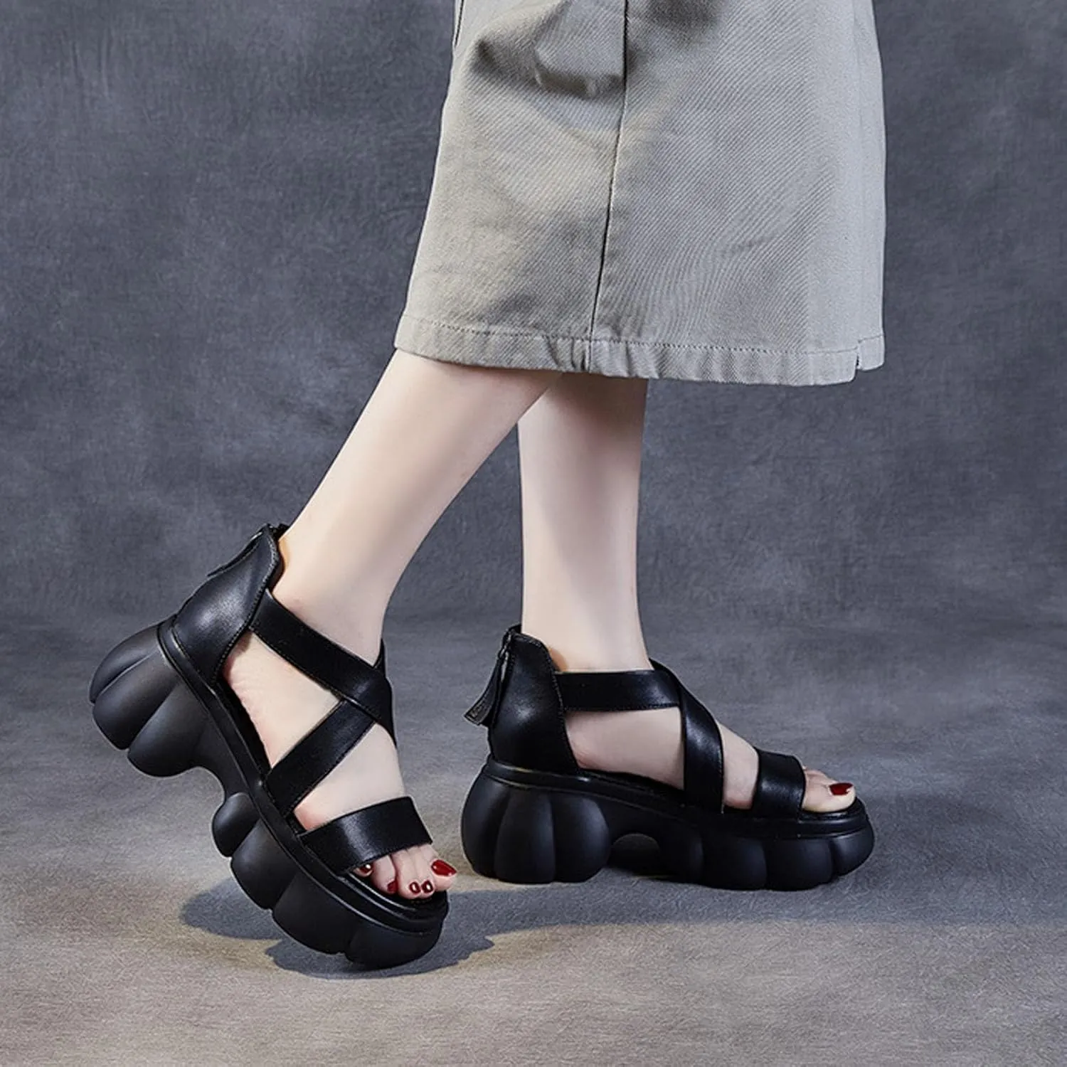 Women Genuine Leather Fish Mouth Slingback Platform Sandals Fashion Back Zipper Soft Sole Non-Slip Roman Boot Sandals Comfortable Lightweight Backless Causal Beach Walking Sandals