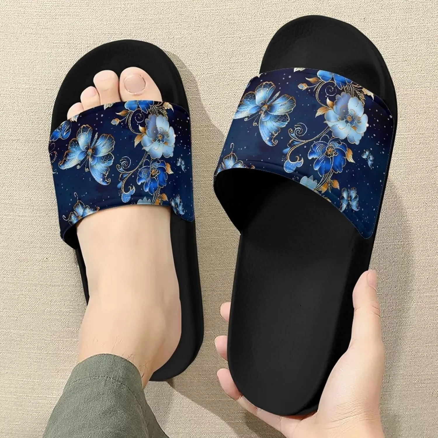 Women Sandals Slides Non-Slip Slippers Casual Black Sole Summer Shoes for College Dorm Gym Beach