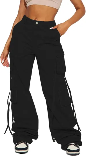 Women Y2k High Waisted Straight Leg Relaxed Fit Cargo Pants with 6 Pockets Streetwear Concert Dance Outfit