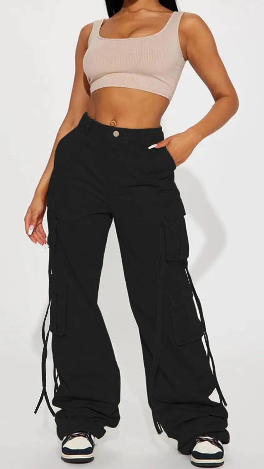 Women Y2k High Waisted Straight Leg Relaxed Fit Cargo Pants with 6 Pockets Streetwear Concert Dance Outfit